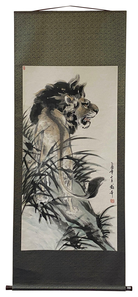 Chinese Black White Ink Lion Theme Scroll Painting Original Wall Art Hws1976