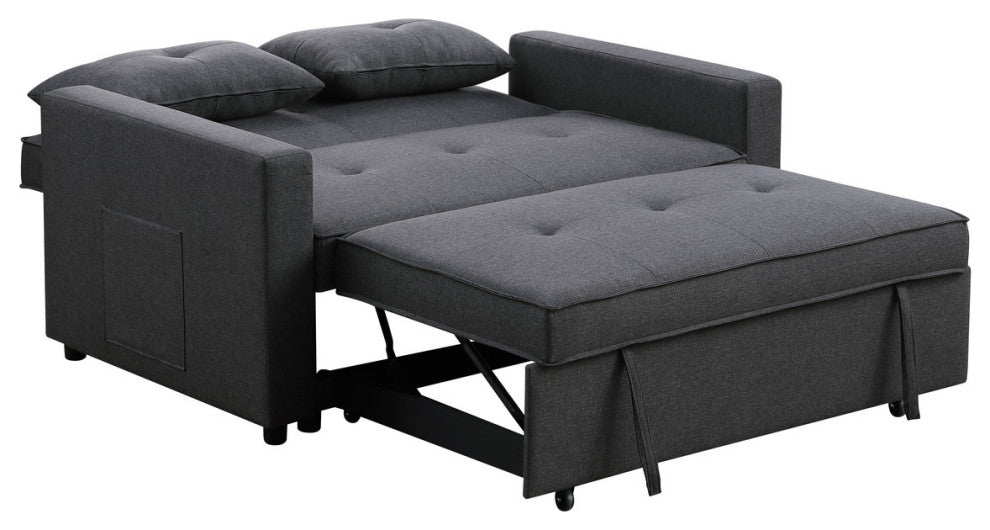 Zoey Linen Convertible Sleeper Loveseat With Side Pocket, Dark Gray