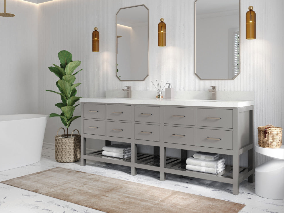 Parker 84" Double Sink Bath Vanity, Elephant Skin Gray 2" Calacatta Poanazzo