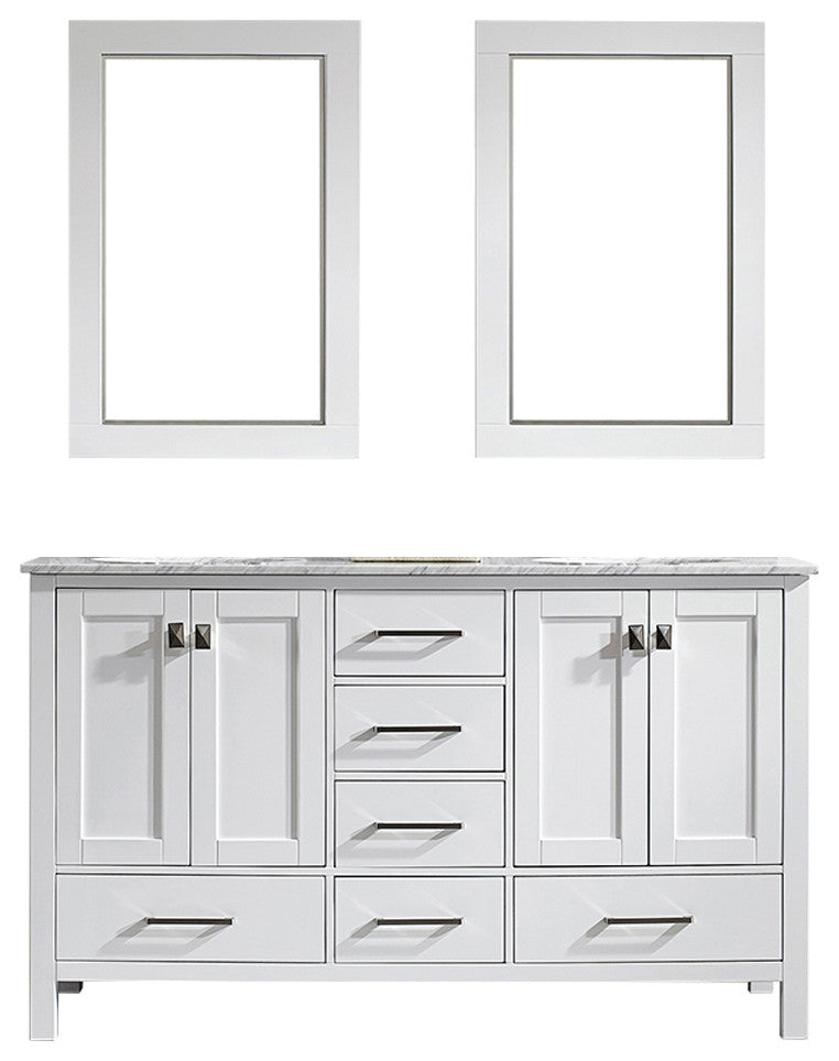 Gela 60" Double Vanity in White with Carrara White Marble Countertop With Mirror