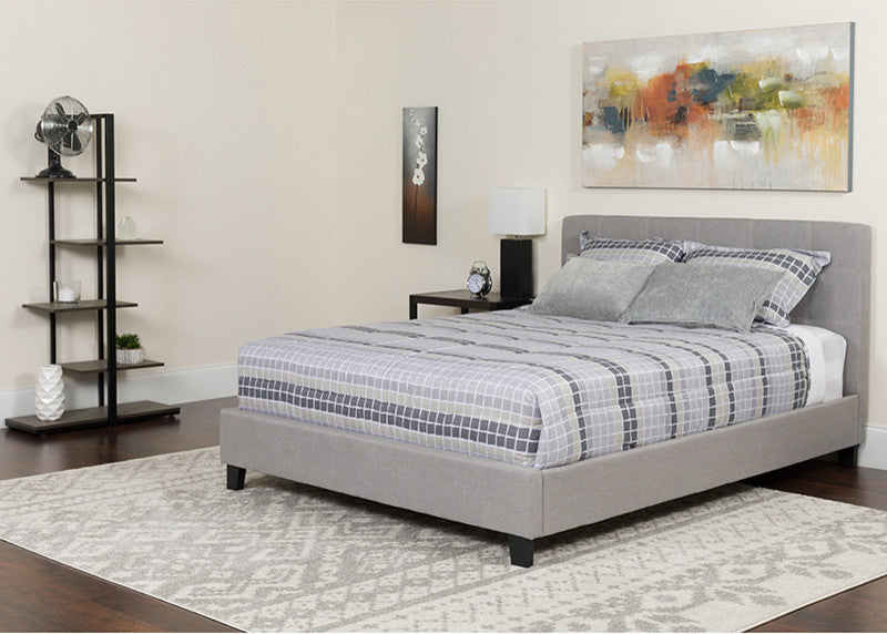 King Size Tufted Platform Bed in Light Gray Fabric with Memory Foam Mattress