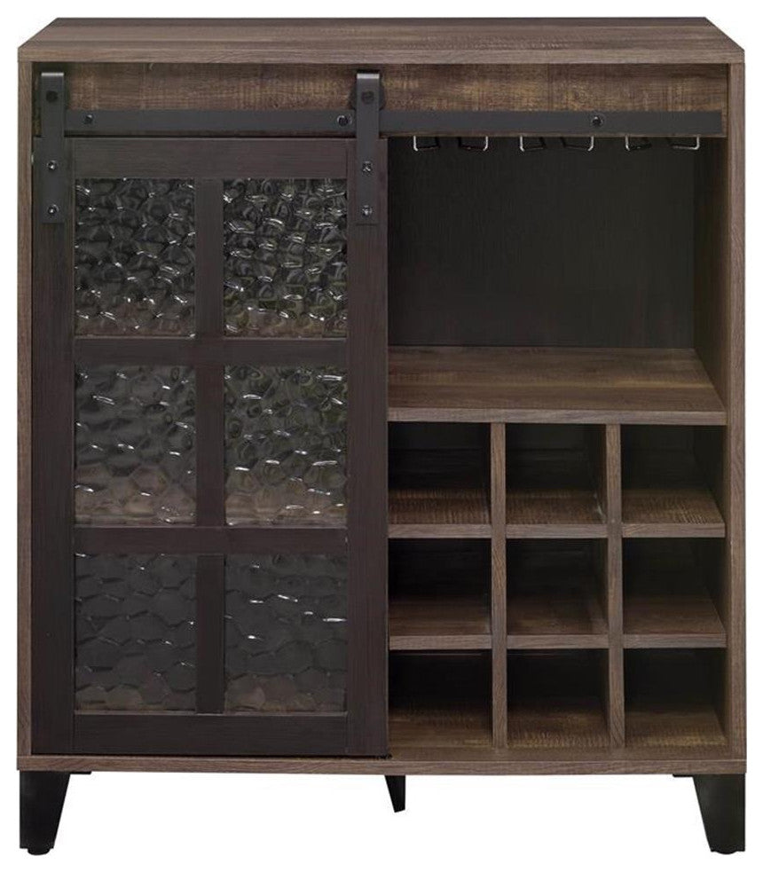 Bowery Hill Wooden Wine Cabinet with Glass Door in Rustic Oak and Black