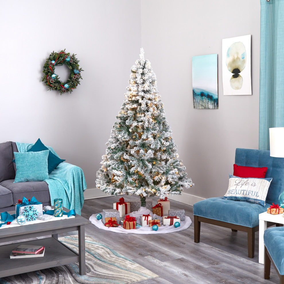 7' Flocked Rock Springs Spruce Faux Xmas Tree W/ Lights & Bendable Branches