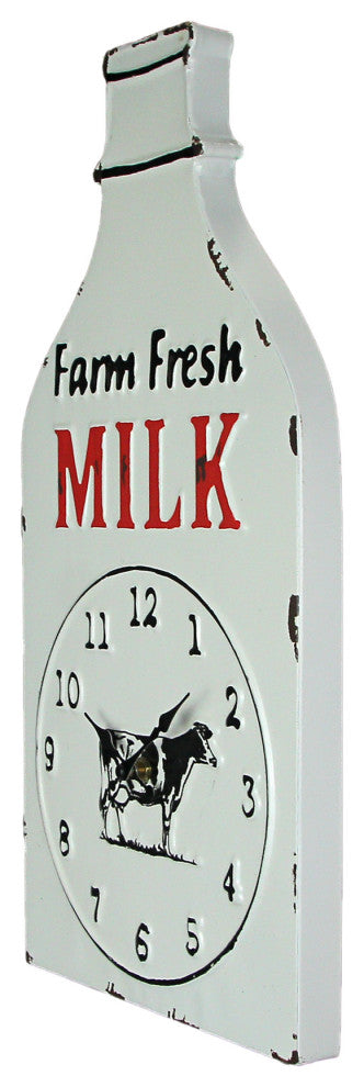 White Enamelware Stamped Metal Quart Milk Bottle Shaped Wall Clock