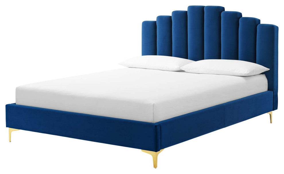 Platform Bed Frame, Queen Size, Velvet, Blue Navy, Modern Contemporary, Bedroom