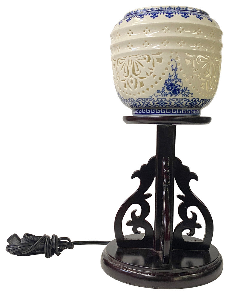 Chinese White Porcelain Shade Wood Pedestal Base Table Lamp Hws1356
