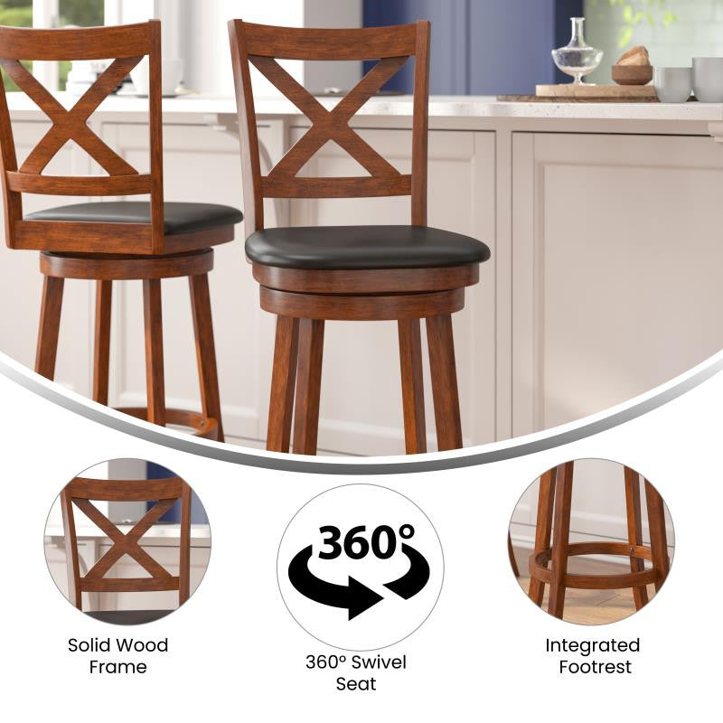 Felicity Wood Crossback Swivel Bar Height Barstool with Upholstered Seat, Black Vinyl/Antique Oak Frame