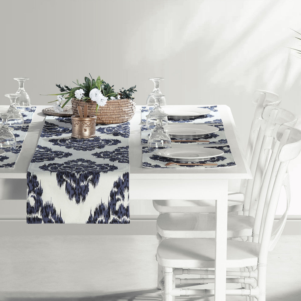 Ikat Printed Cotton Table Runner and Placemats, Ikat Blue