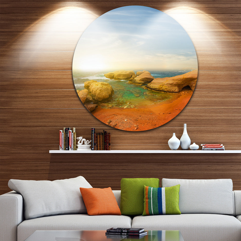 Rocky Red Beach And Blue Sky, Seashore Round Wall Art, 36"