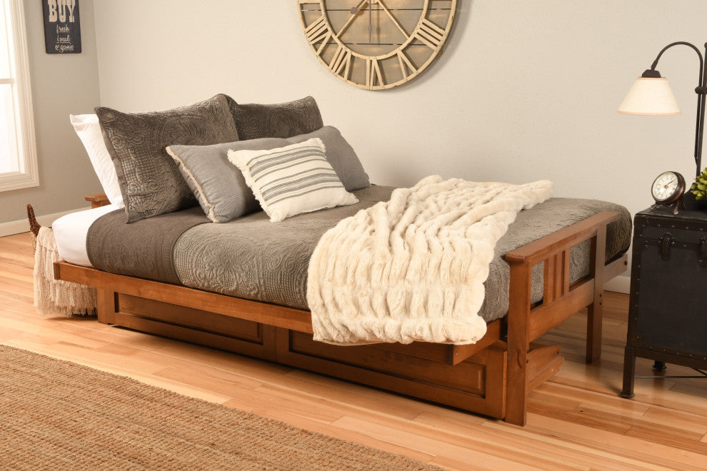 Caleb Frame Futon With Barbados Finish, Storage Drawers, Suede Blue