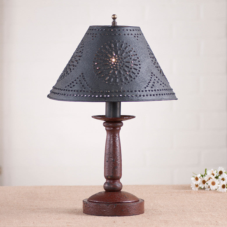 Handcrafted Wood Butchers Table Lamp With Punched Tin Shade, Red