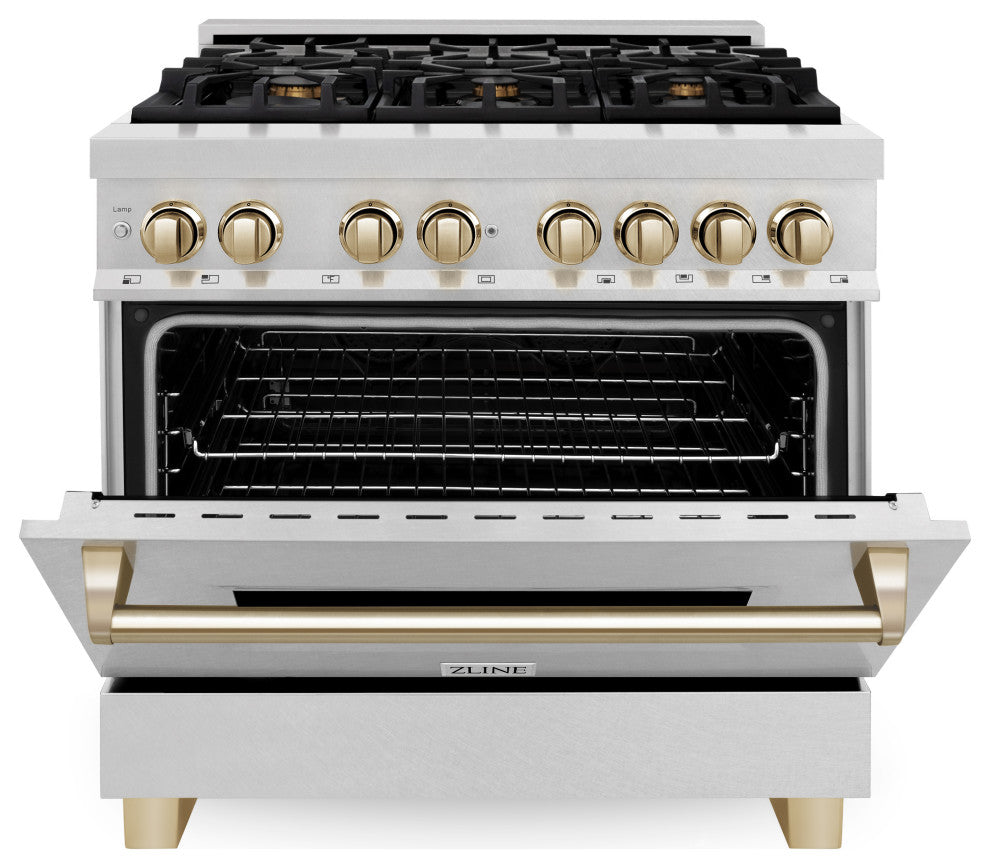 ZLINE 36" Dual Fuel Range, DuraSnow With Gold Accents RASZ-SN-36-G