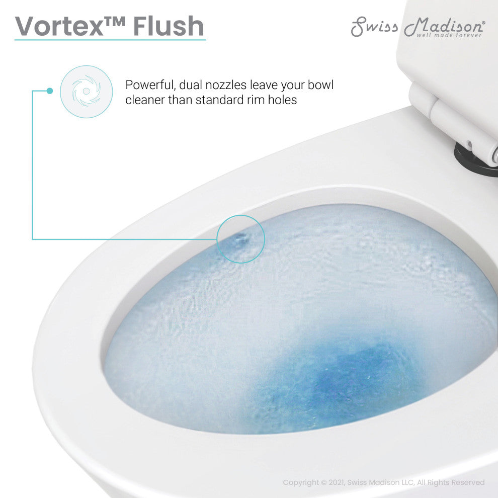 St. Tropez Elongated Toilet, Dual Vortex Flush, Glossy White With Black Hardware
