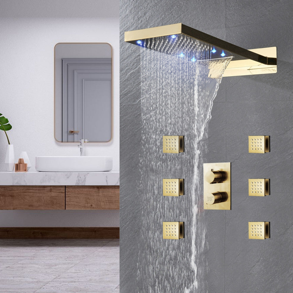 Brushed Gold 22"  Digital Rainfall Shower System, 6 Jetted Body, LED