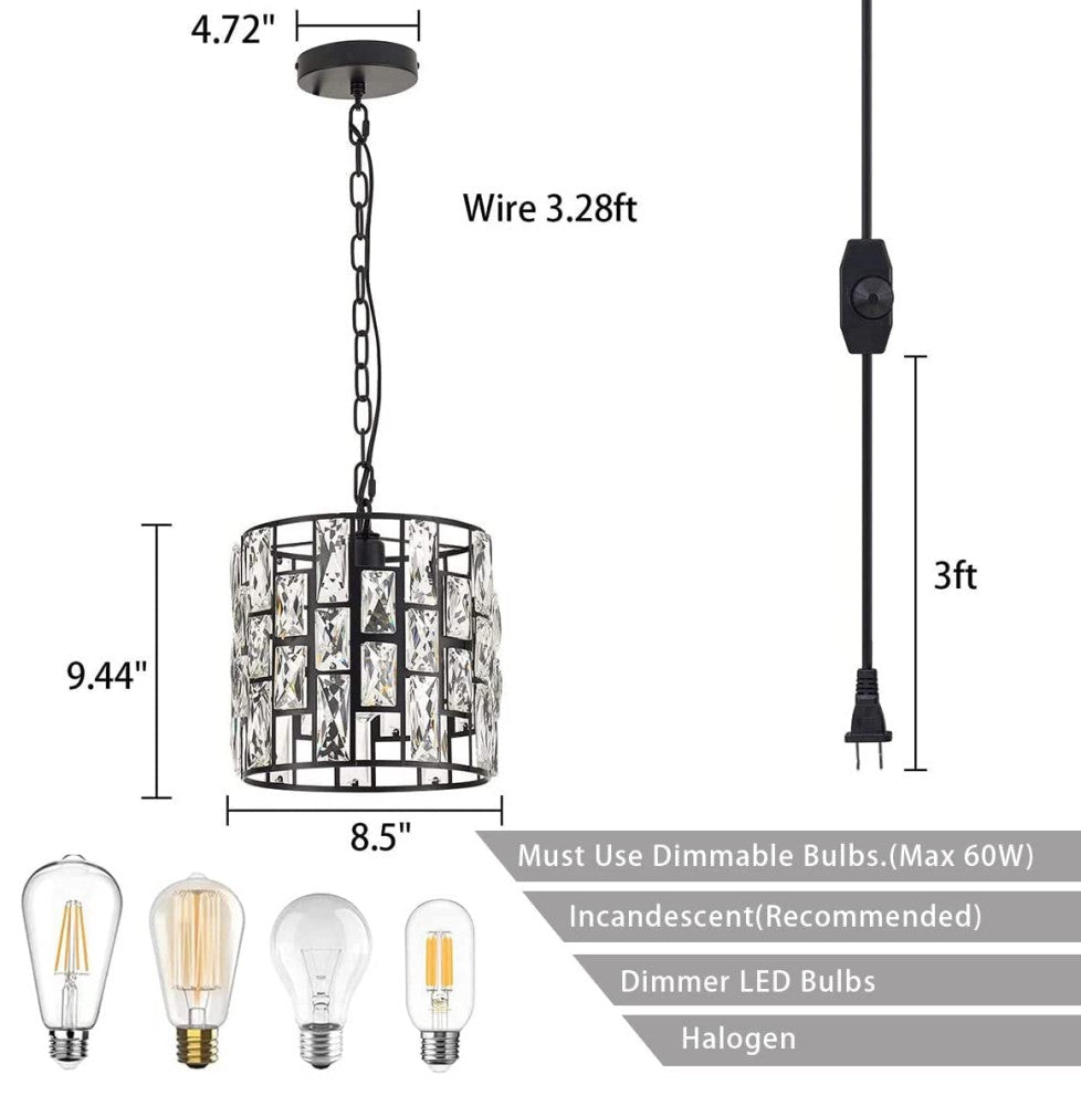 Crystal Hanging Lamp, Plug In, Swag, Cage Lighting