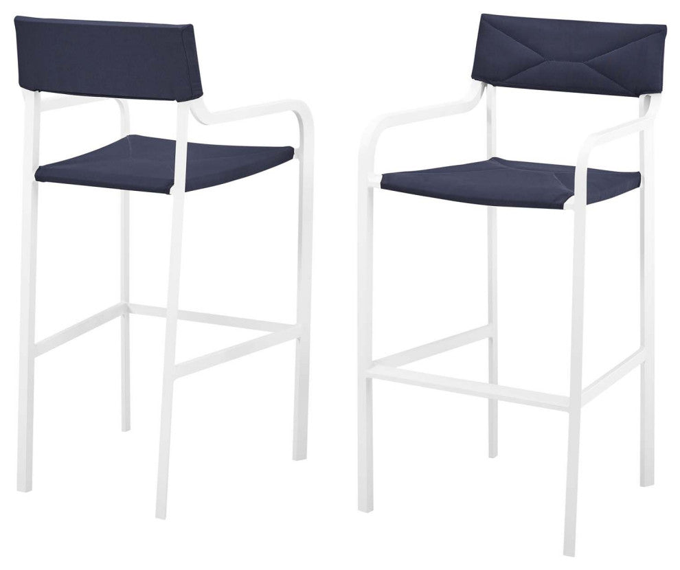 Bar Side Stool Chair, Set of 2, Aluminum, Metal, White Blue Navy, Outdoor