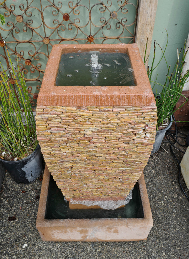 Peach Pebble Stacked Square Urn Fountain
