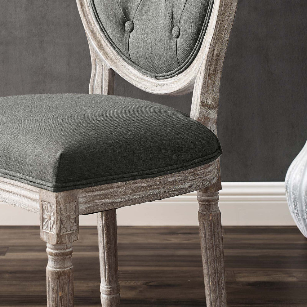 French Vintage Side Dining Chair, Fabric, Wood, Brown Natural Gray, Modern