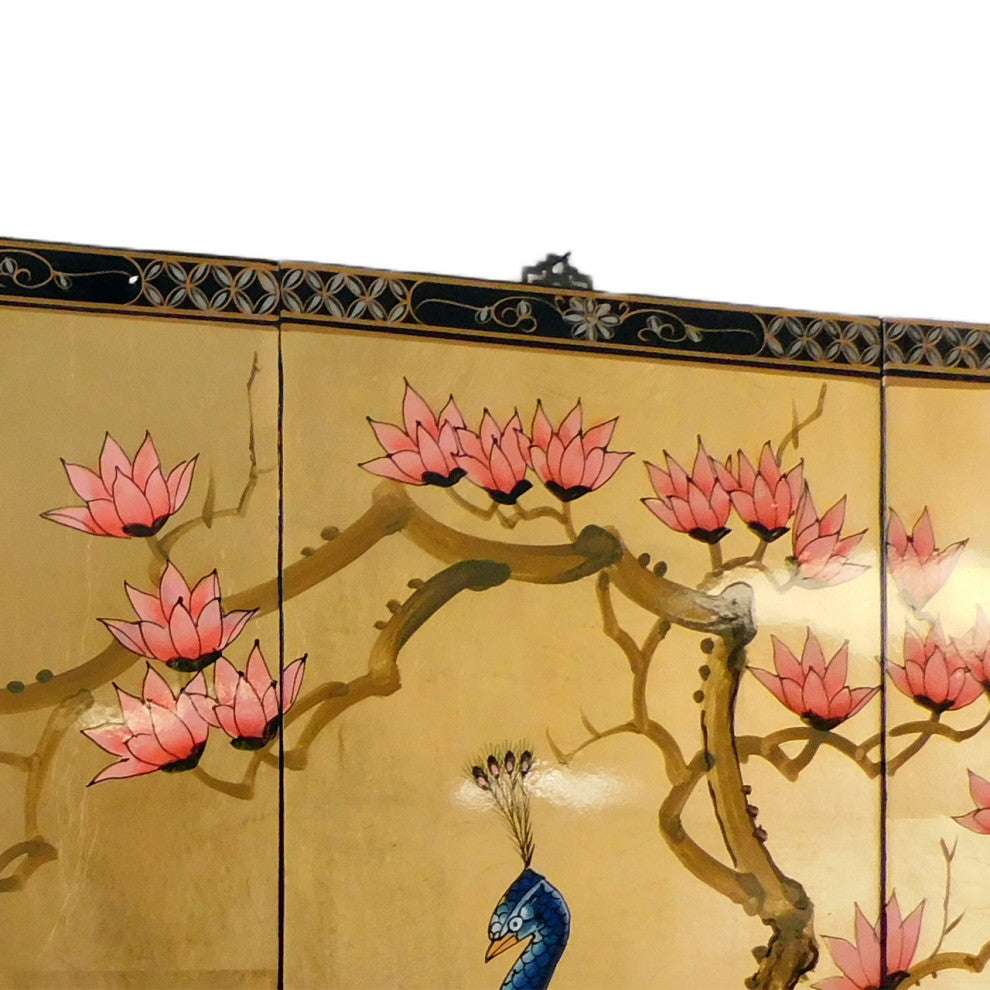 Oriental Wall Plaques Hand-Painted Peacock on Gold Leaf, 4-Piece Set, 56"x40"