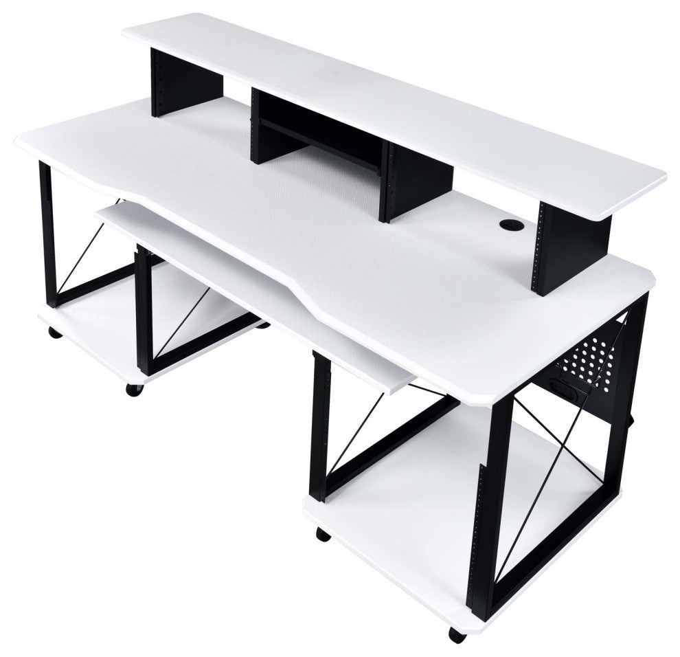 Rectangular Music Desk Table With Wheels, White and Black