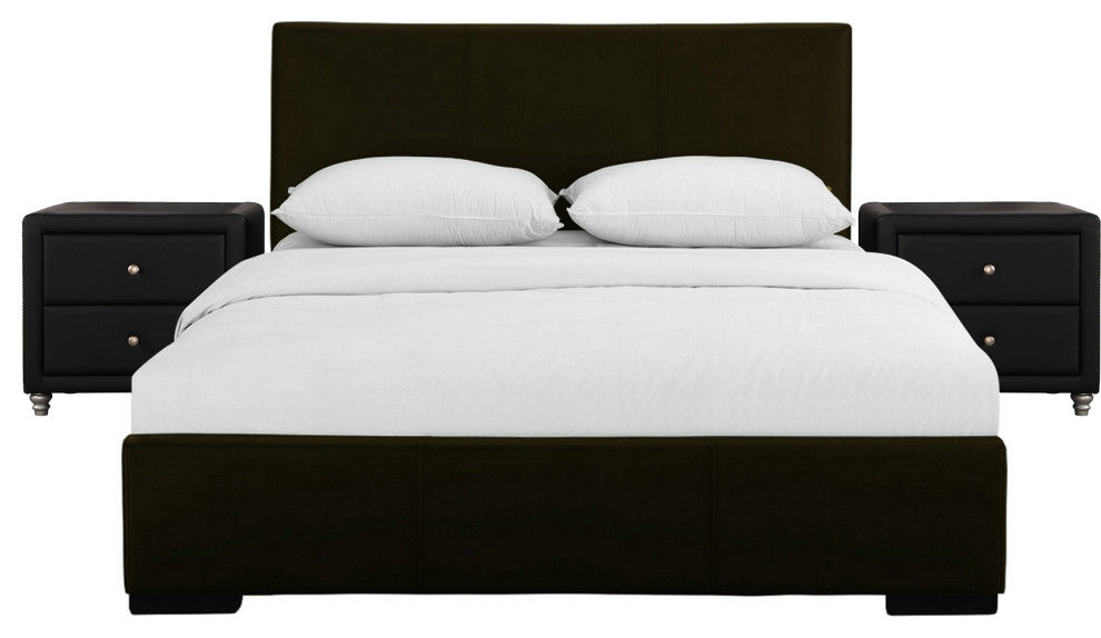 Brown Upholstered Platform King Bed With Two Nightstands