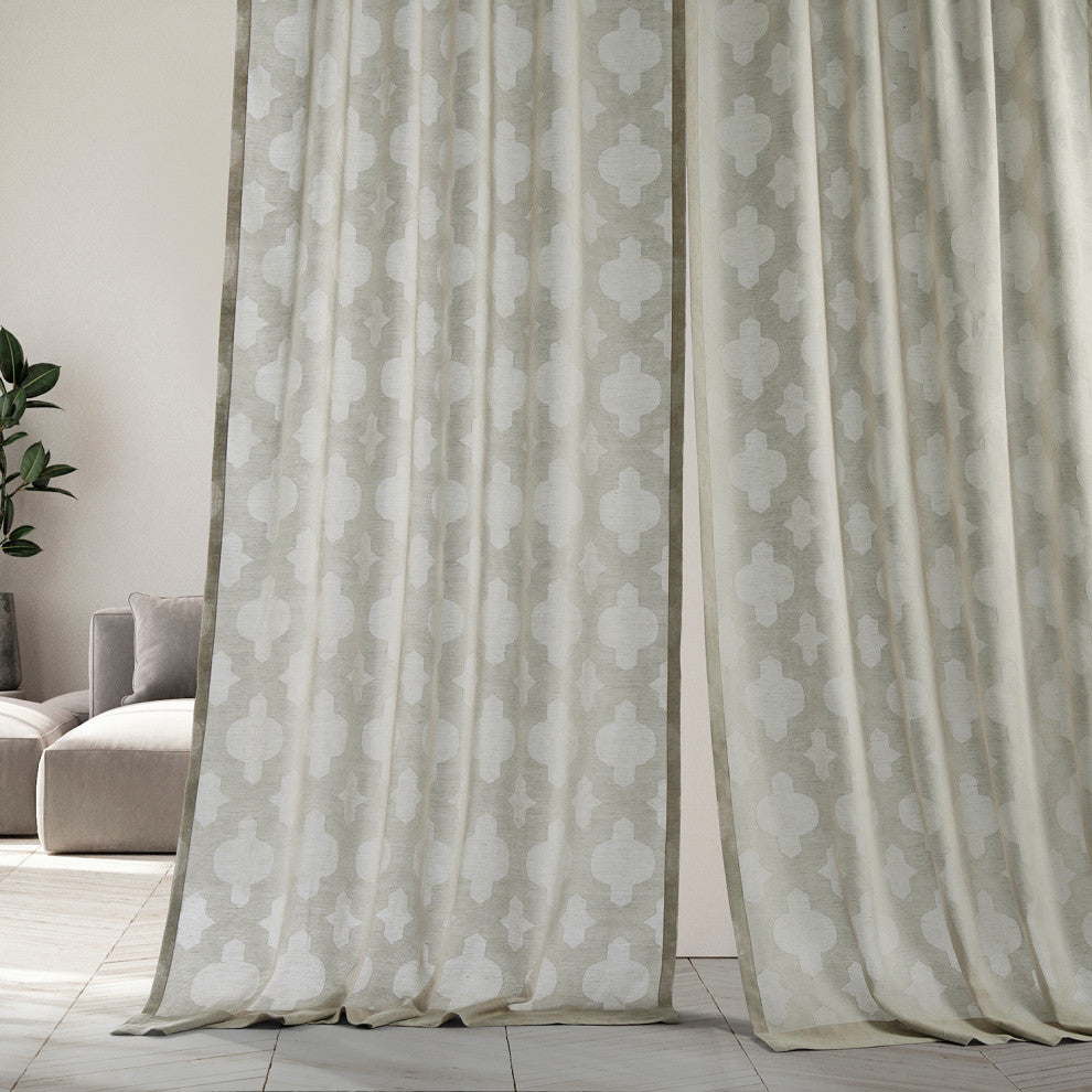Calais Tile Patterned Linen Sheer Curtain Single Panel, Gray, 50"x84"
