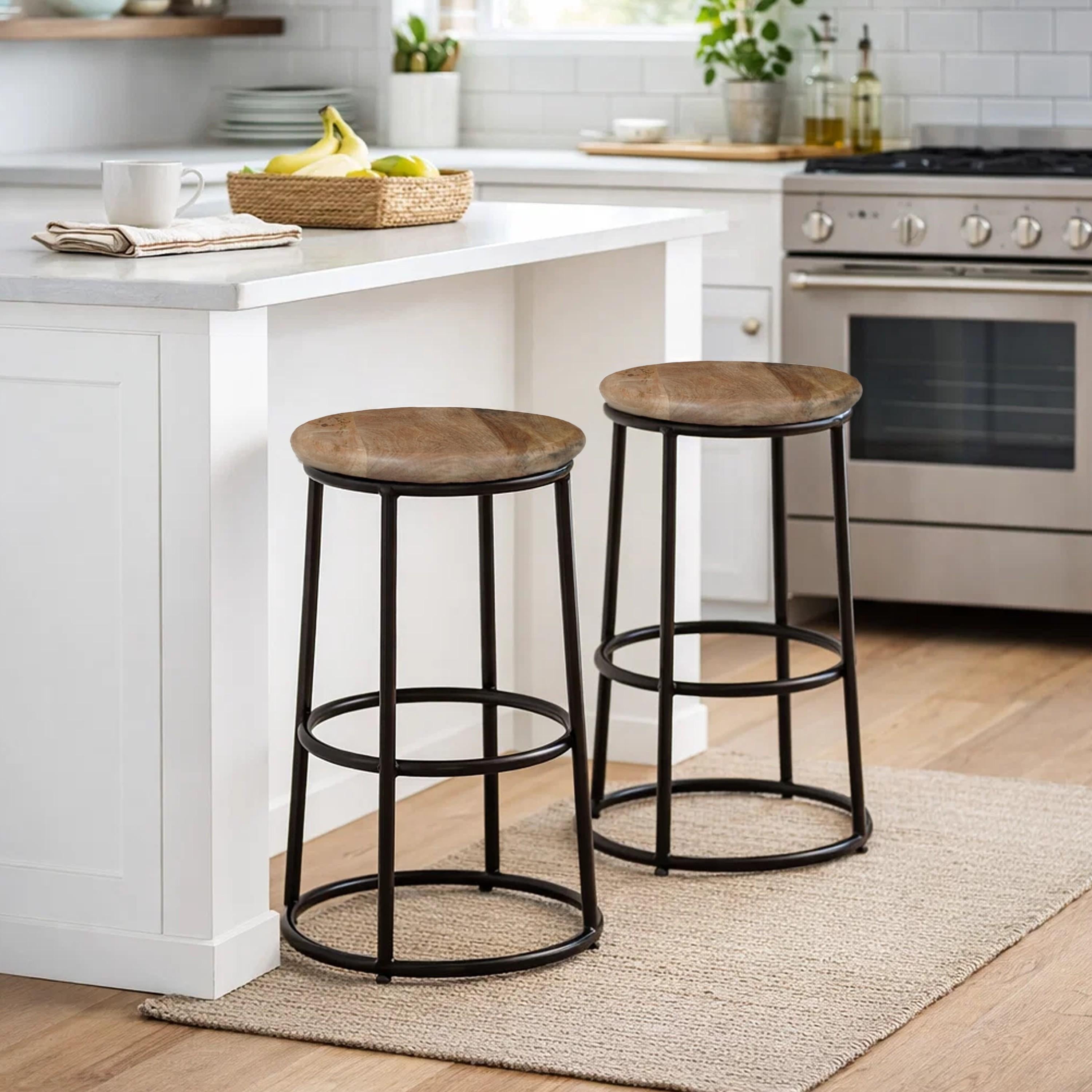24" Mango Wood Counter Height Barstool With Iron Base Brown And Black