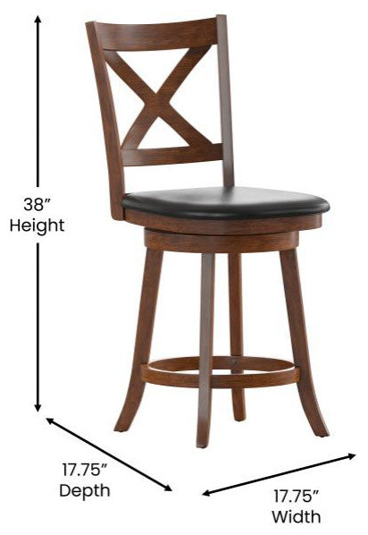 Felicity Wood Crossback Swivel Counter Height Barstool with Upholstered Seat, Black Vinyl/Antique Oak Frame