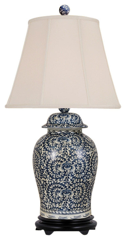 Vintage Style Blue and White Porcelain Temple Jar Table Lamp Floral 33"