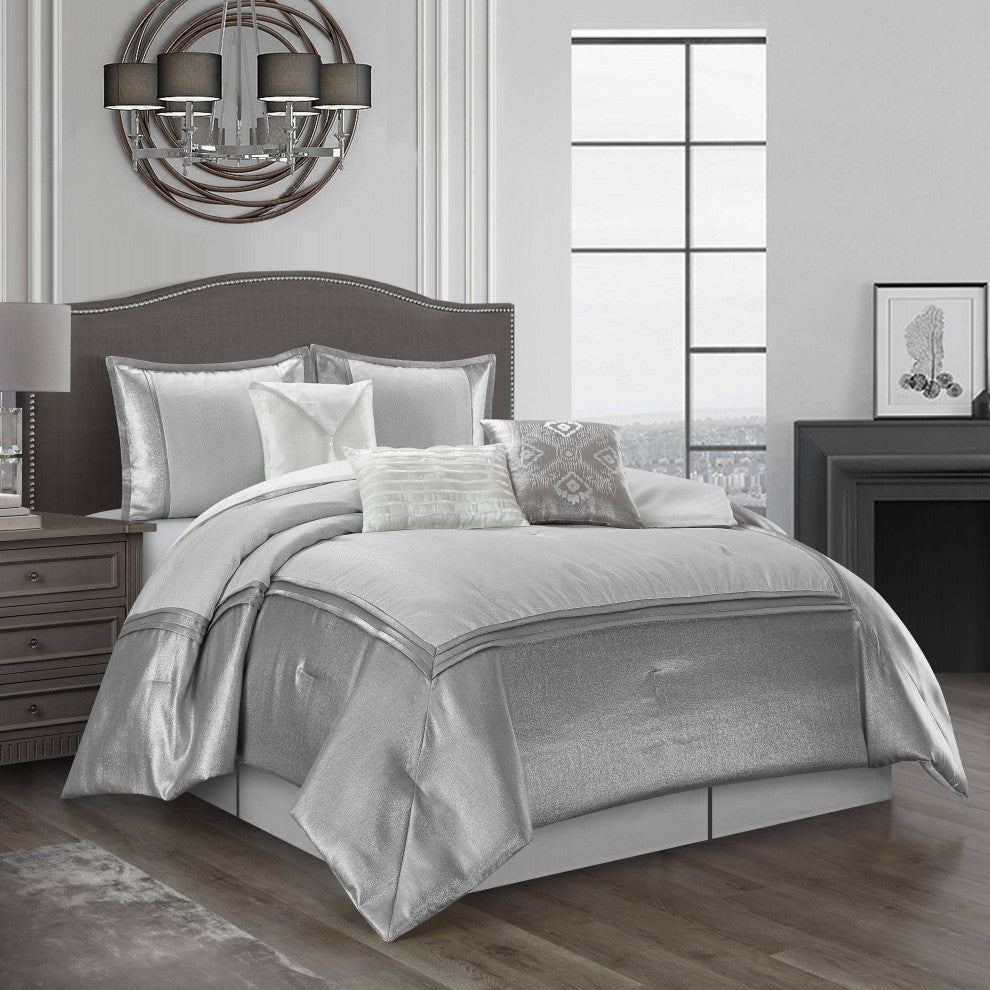 Prestyn 7 Piece Comforter Set, Silver, King