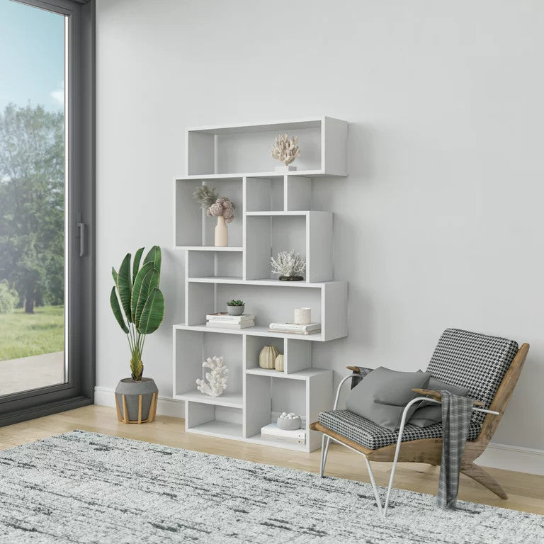 Modern Bookcase, Geometric Design With 10 Asymmetrical Open Shelves, White