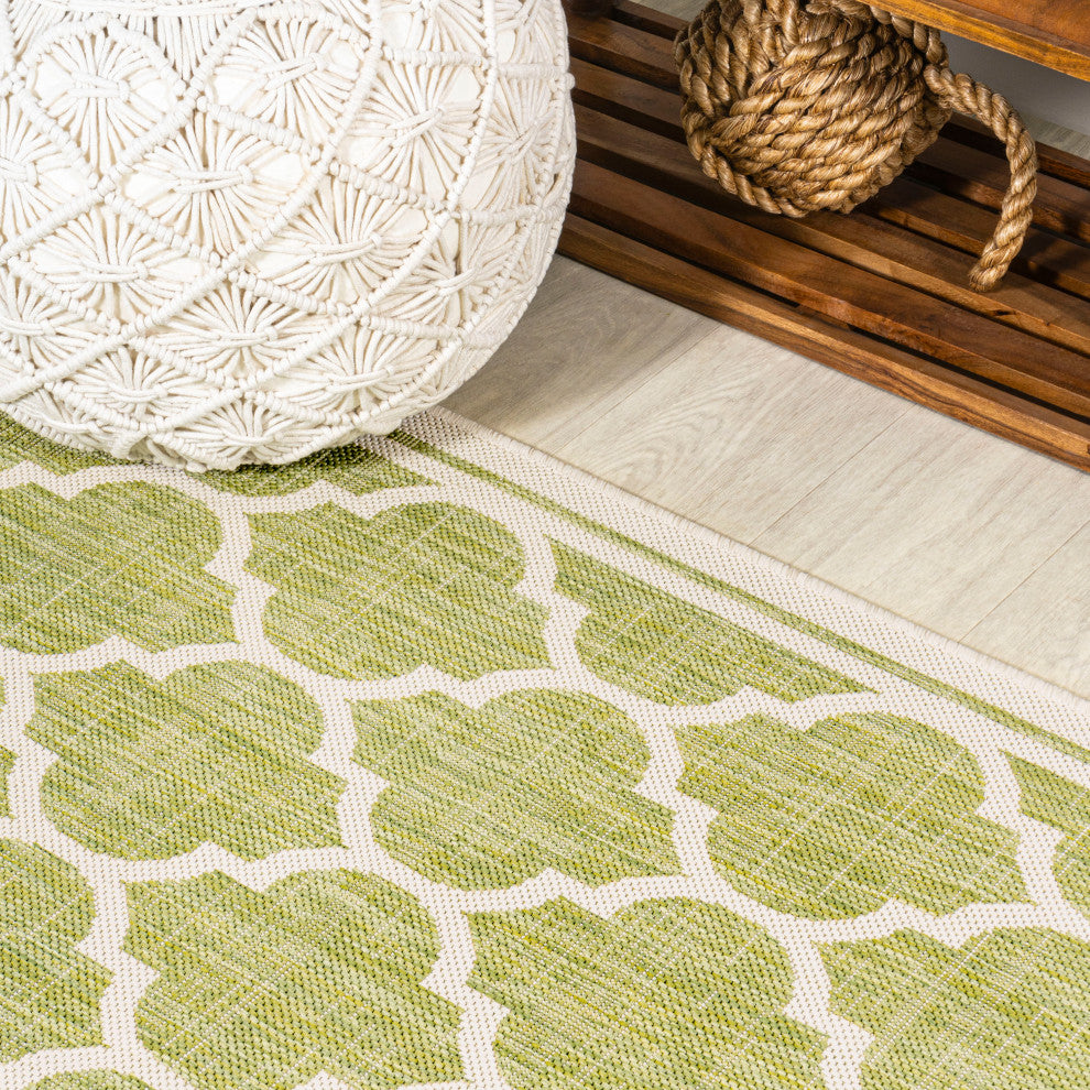 Trebol Moroccan Trellis Textured Weave Indoor/Outdoor, Green/Cream, 5' Square
