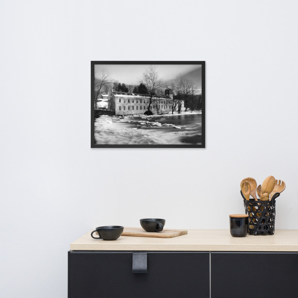 Winter at Powder Mill Rural Landscape Framed Photo Paper Wall Art Prints, Black, 18" X 24"