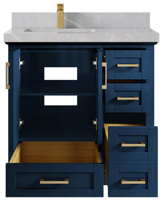 Boston 36 Left Offset Bath Vanity in Navy Blue 2" Pearl Gray