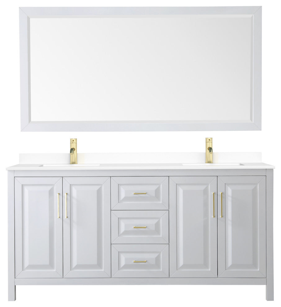 72"DBL Vanity White, White Cult. Marble Countertop, Sinks, 70"Mirror, Gold Trim