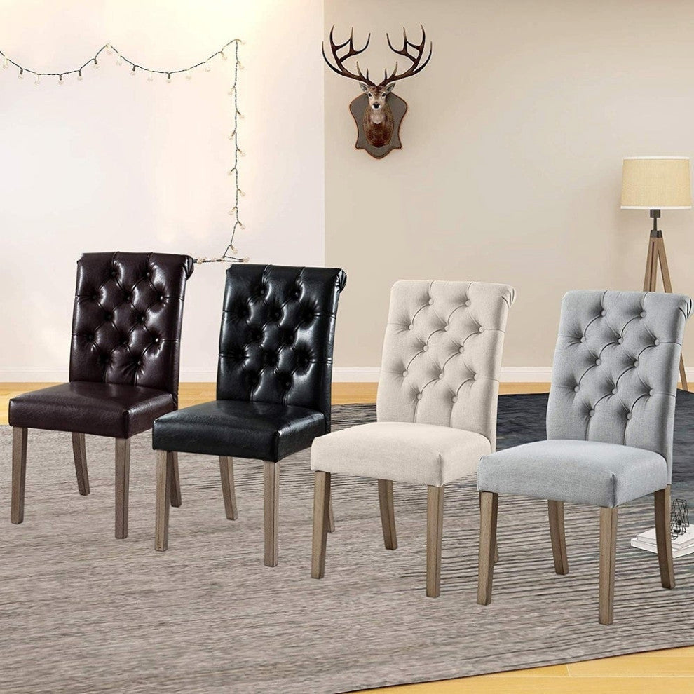 Button Tufted Armless Dining Room Chairs, Set of 2, Brown