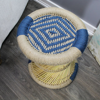 Natural Geo Moray Decorative Handwoven Jute Accent Stool, Blue Diamond