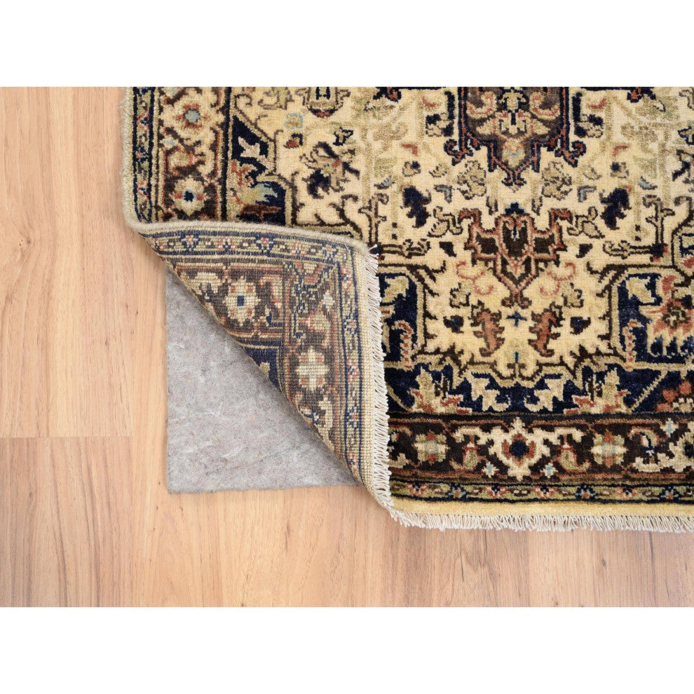 Beige Antiqued Heriz Re-Creation Soft Wool Hand Knotted Runner Rug, 2'7" x 10'3"