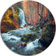 Autumn Mountain Waterfall Long View, Landscape Round Wall Art, 11"