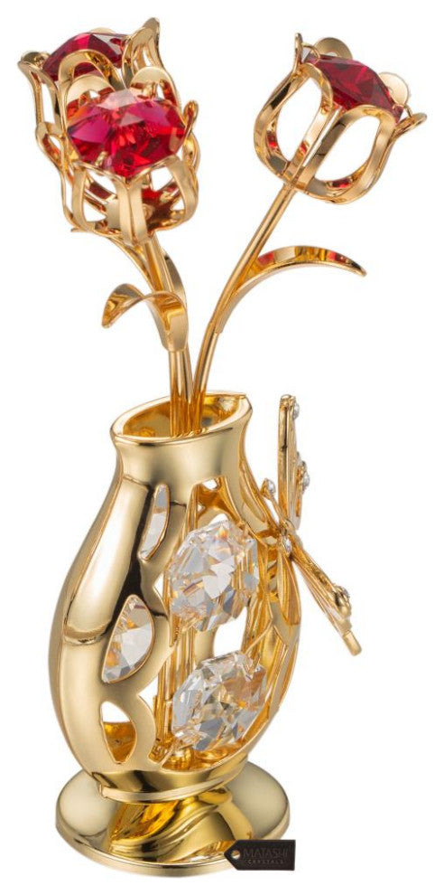 Matashi 24K Gold Plated Flower Ornament in Vase w Crystals Decorative Butterfly
