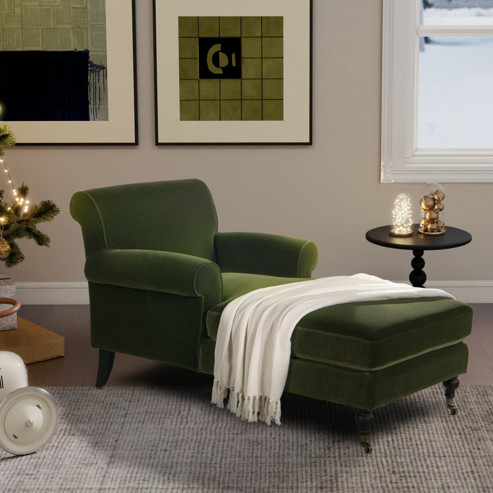 Alana Lawson Tight-Back Rolled-Arm Velvet Chaise Lounge Chair, Olive Green