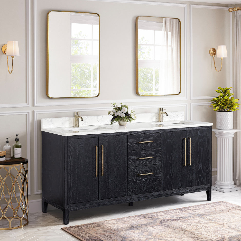 Gara Bath Vanity, Stone Top, Fir Wood Black, 72", Double Vanity, No Mirror