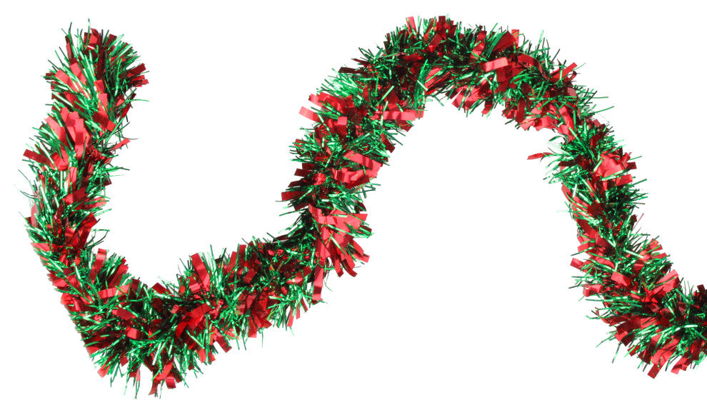 50' Festive Shiny Red and Green Christmas Tinsel Garland, Unlit, 6 Ply