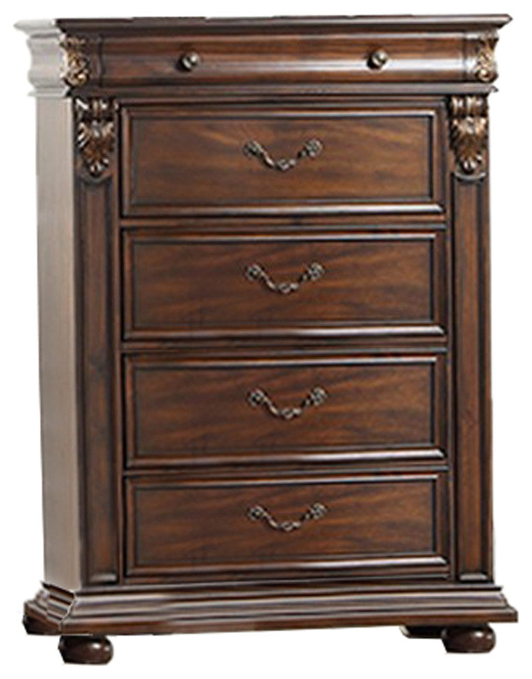 Benzara BM232651 6 Drawer Wooden Chest With Molded and Carved Details, Brown