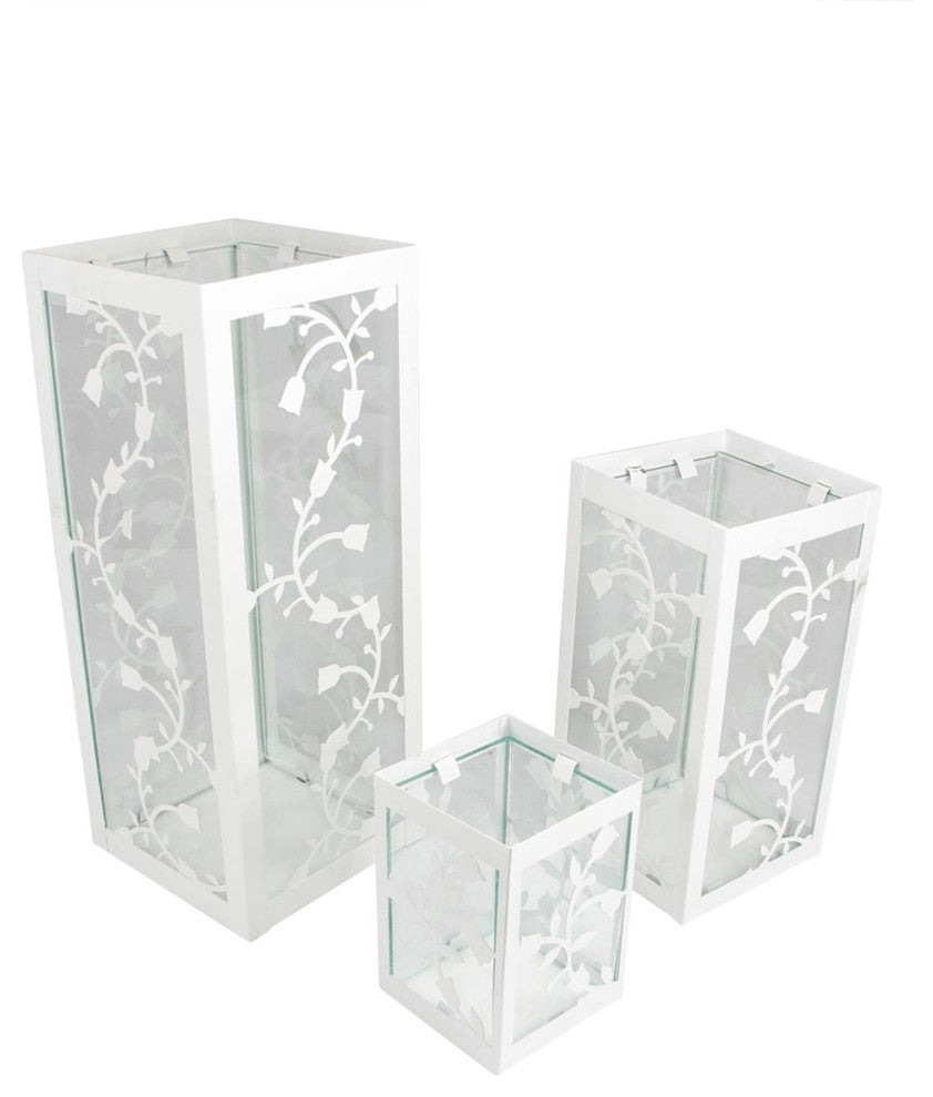 White French Country Garden Floral Pillar Candle Holder Lanterns 12", Set of 3
