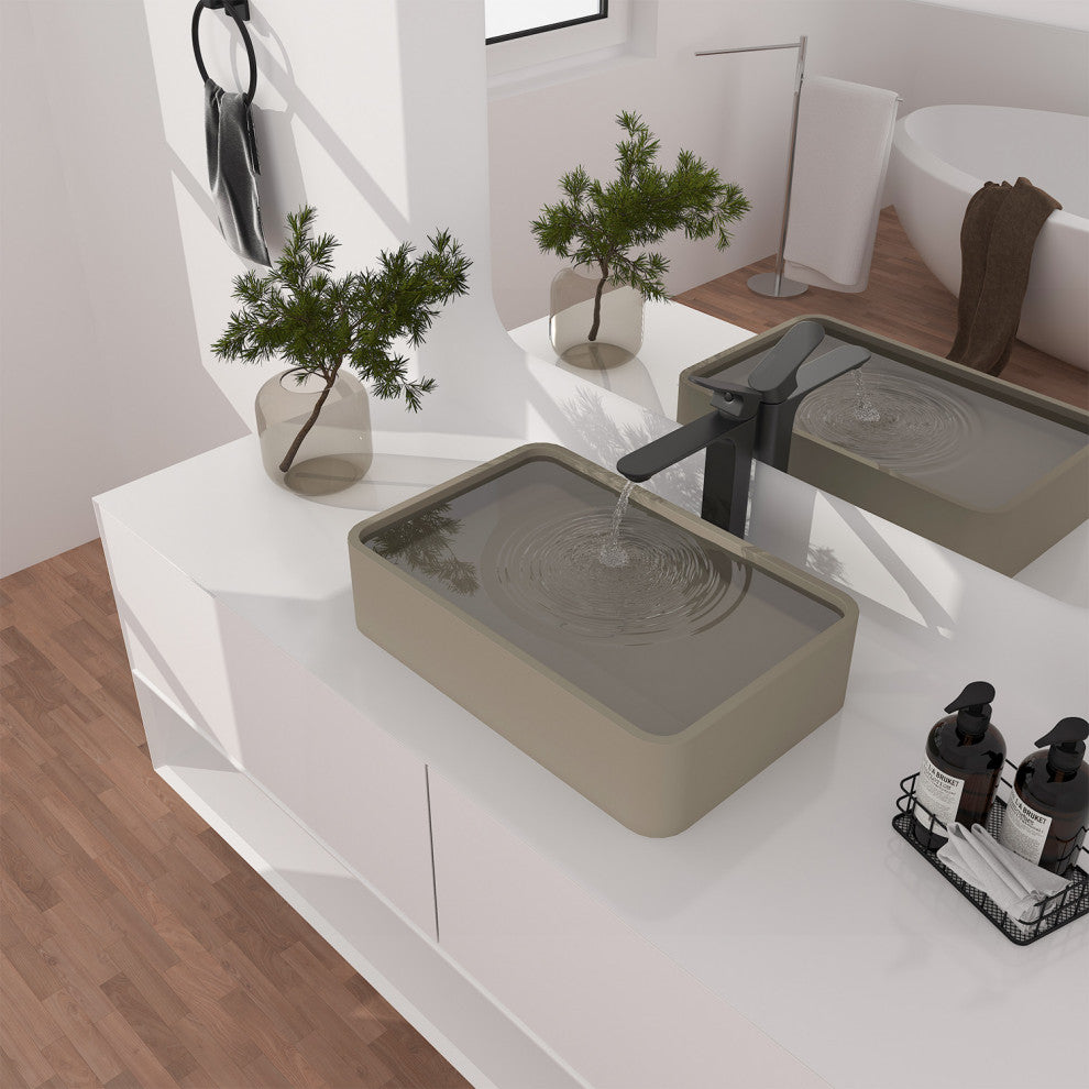 19in Bathroom Concrete Rectangular Vessel Sink with Drainer, Taupe Clay