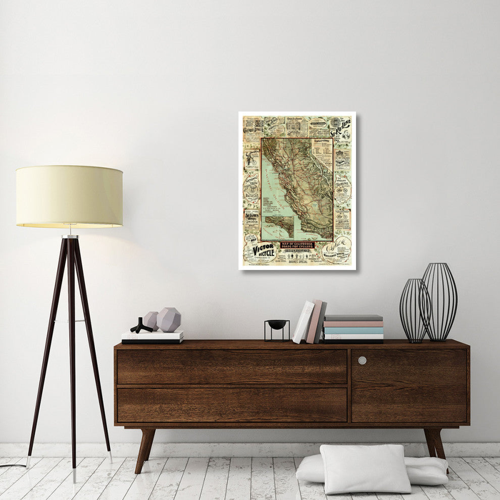 "Map of California Roads for Cyclers, 1896" Print by George W. Blum, 28"x38"
