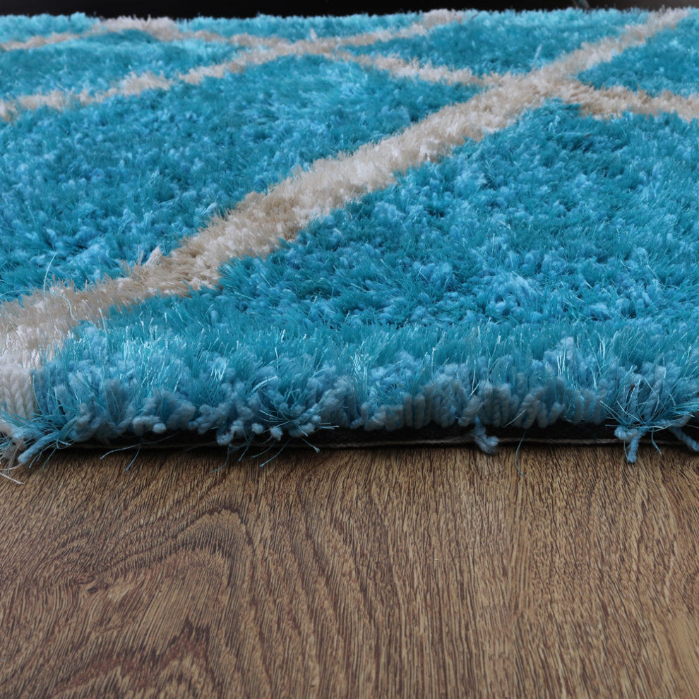 HAND TUFTED SHAG POLYESTER ECO-FRIENDLY AREA RUG,Turquoise White Color,Geometric