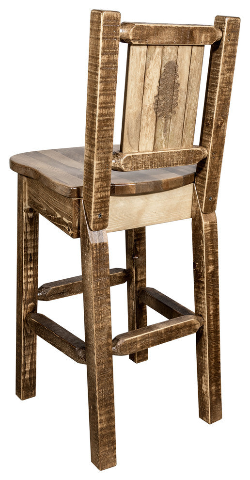Homestead Barstool With Laser Engraved Pine Tree, Clear Lacquer Finish, Stained