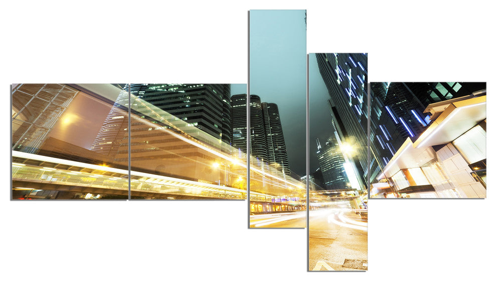 Traffic in Hong Kong at Night, Cityscape Canvas Print, 60"x32", 5 panels